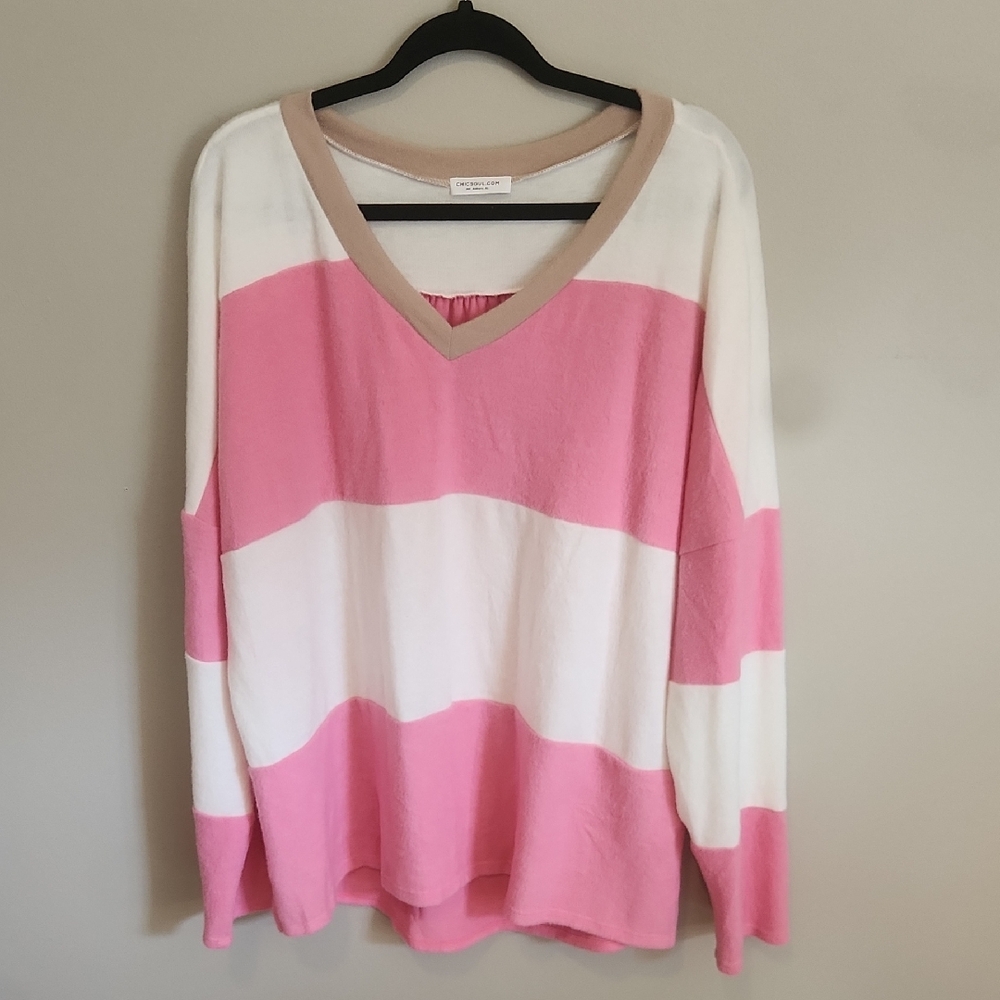Chic Soul Pink and White Striped V-Neck Sweater with Beige Trim